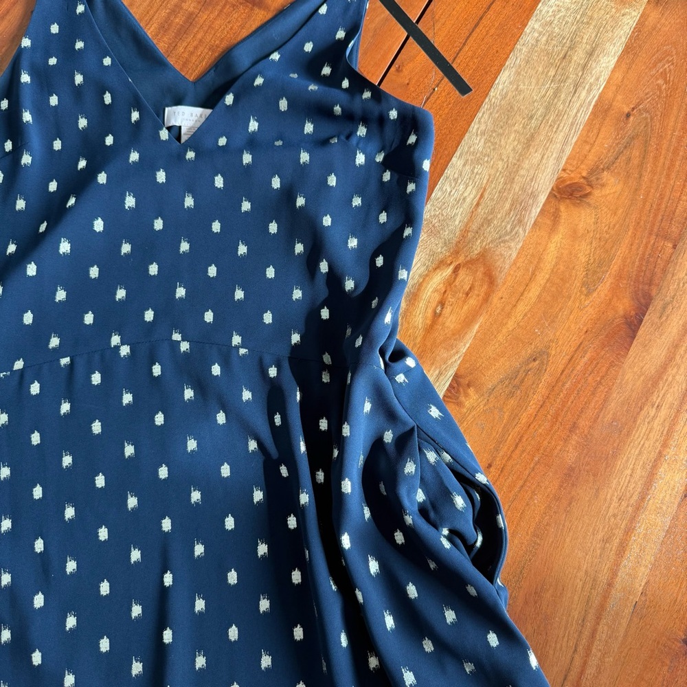 Ted Baker Printed Navy Blue Metallic-Dot High low Dress - Picture 12 of 13